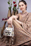 Ivory mirror work handcrafted clutch bag with stone beads and pearl embellishments for wedding and festive wear