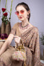 Beige gold lotus shape pearl zardosi suede potli bag with floral embroidery for wedding and bridal wear