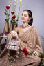 Pink handcrafted mirror work clutch bag with bead stone pearl embellishments structured handle suede lining festive wedding ethnic wear