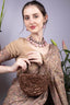 Brown cut dana floral embroidered half-moon evening handbag with suede lining for wedding and party wear