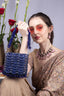 Royal blue hand-embellished shoulder bag with diamond cutdana and crystal work with suede lining for wedding and party wear