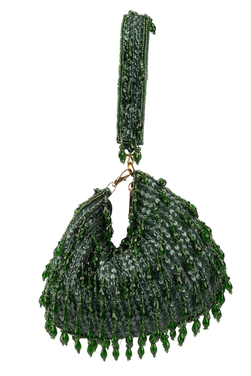 Green sequin and bead embellished elegant clutch bag with suede lining for wedding and party wear