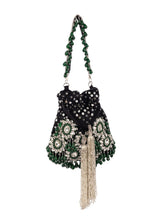Black handcrafted potli bag with sequin cutdana beadwork stones and drawstring closure for festive and wedding wear