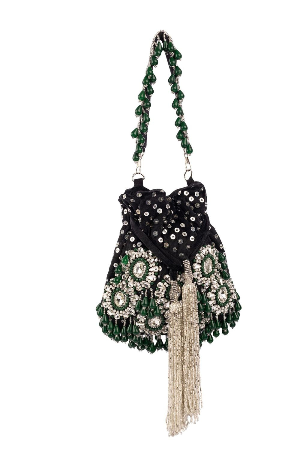 Black handcrafted potli bag with sequin cutdana beadwork stones and drawstring closure for festive and wedding wear