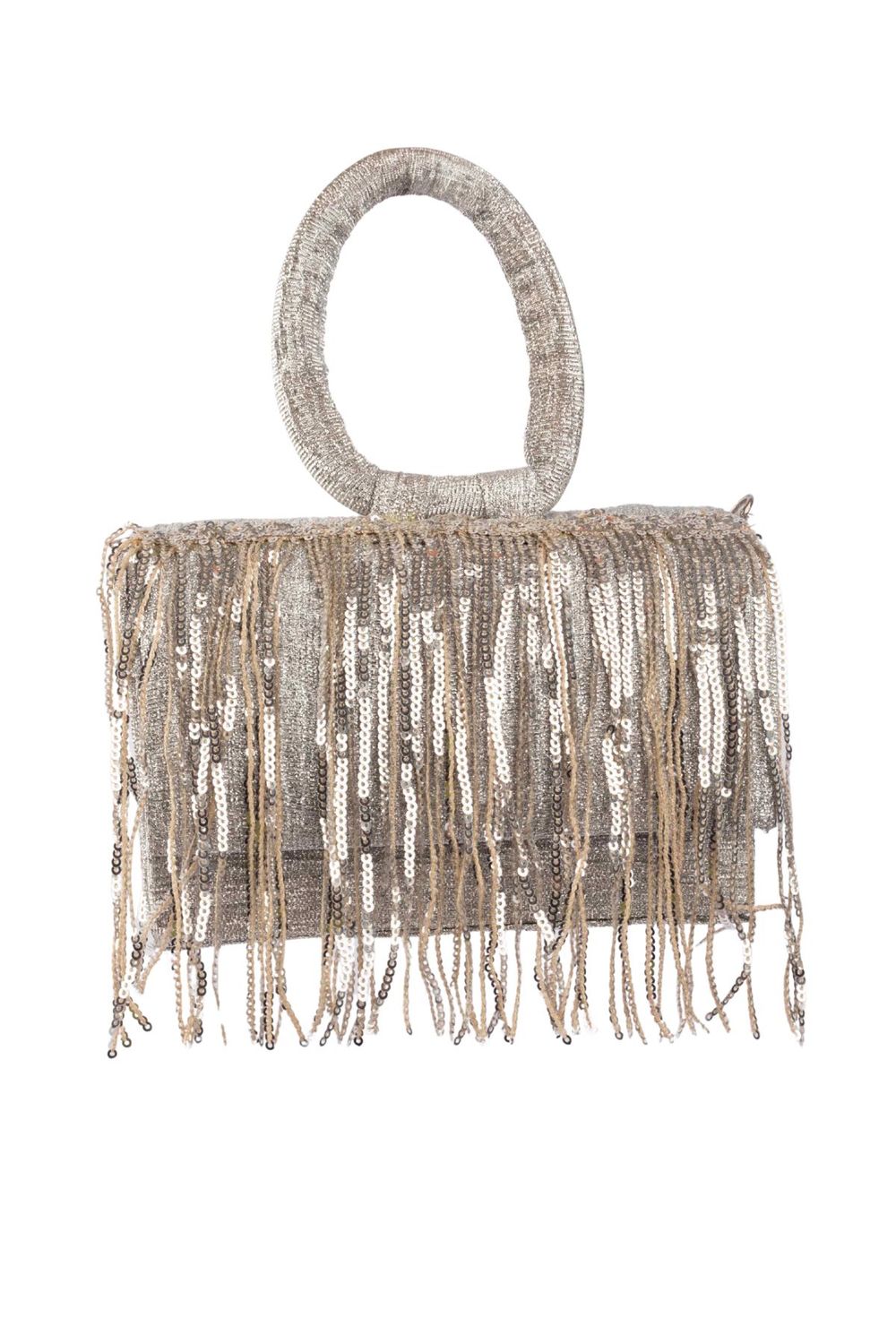Silver sequin fringe clutch bag with ring handle detachable chain inner pocket and polyester lining for party and festive wear