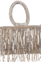 Silver sequin fringe clutch bag with ring handle detachable chain inner pocket and polyester lining for party and festive wear