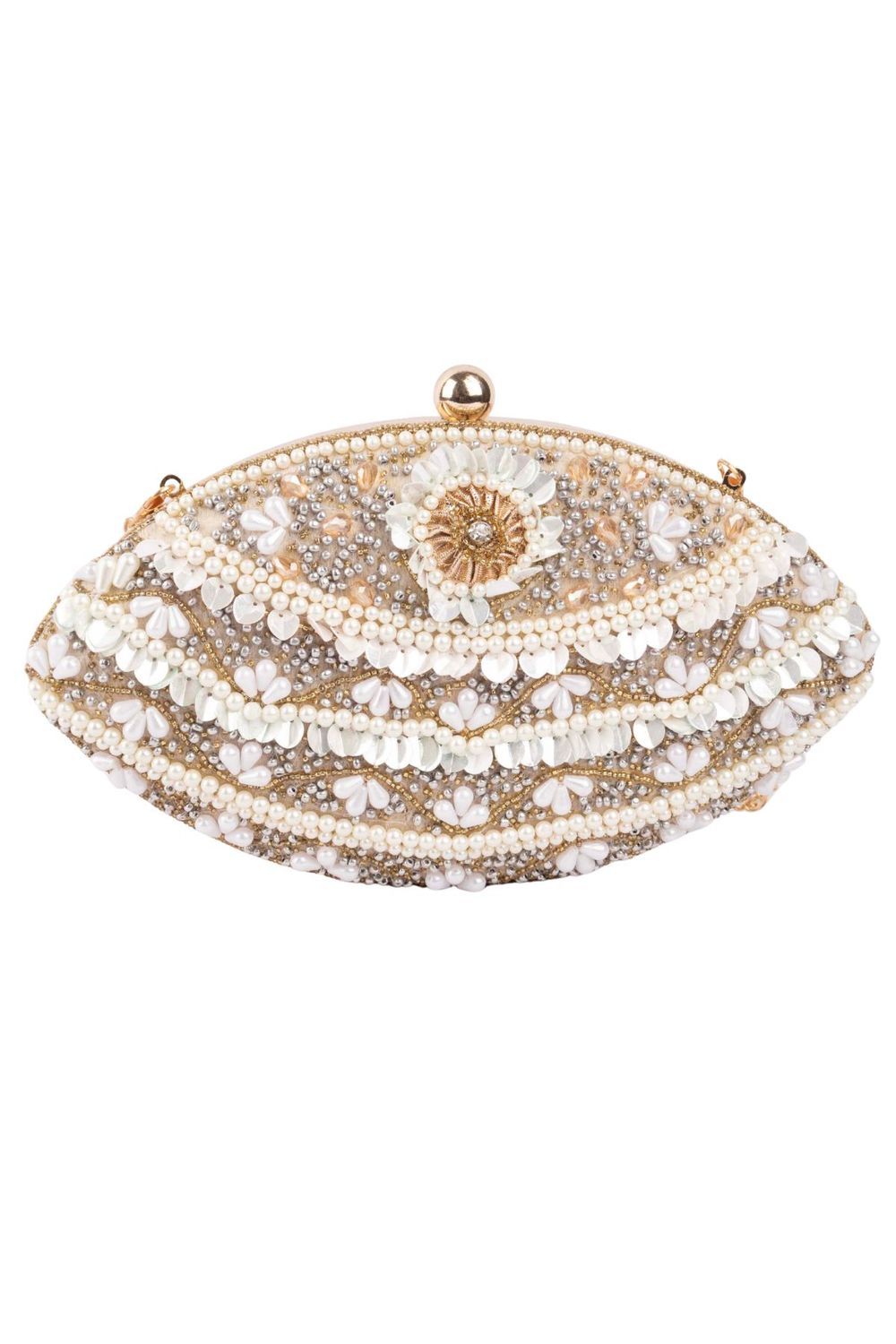 Ivory oval clutch bag with pearl crystal and cutdana embellishment raw silk lining and detachable chain for wedding and festive wear