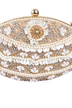 Ivory oval clutch bag with pearl crystal and cutdana embellishment raw silk lining and detachable chain for wedding and festive wear