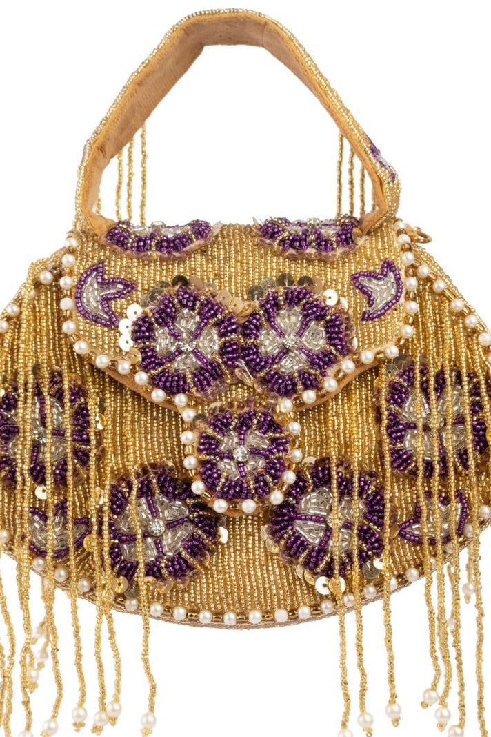 Gold hand-embellished clutch bag with cutdana pearl crystal and sequin work with chain strap for wedding and festive wear