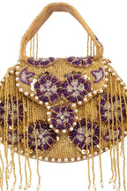 Gold hand-embellished clutch bag with cutdana pearl crystal and sequin work with chain strap for wedding and festive wear