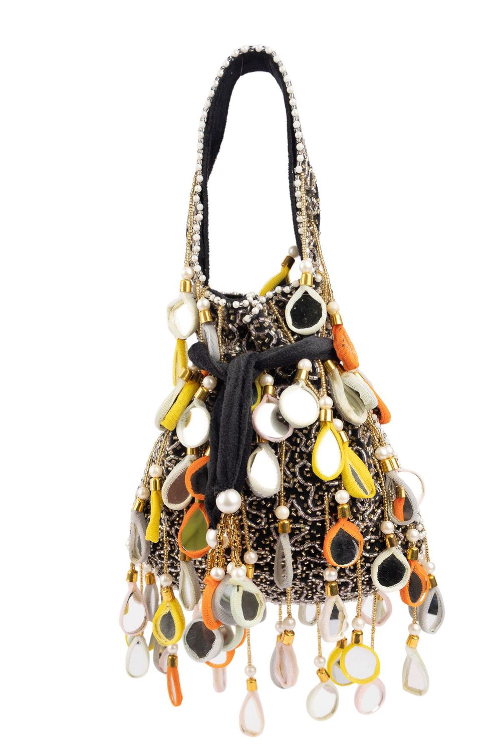 Black velvet potli bag with pearl mirror work cutdana bead embroidery and hanging embellishments festive wedding ethnic designer accessory