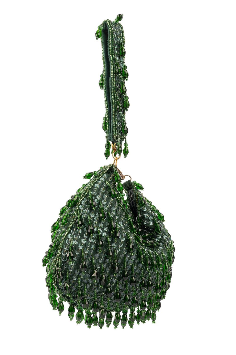 Green sequin and bead embellished elegant clutch bag with suede lining for wedding and party wear