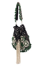 Black handcrafted potli bag with sequin cutdana beadwork stones and drawstring closure for festive and wedding wear