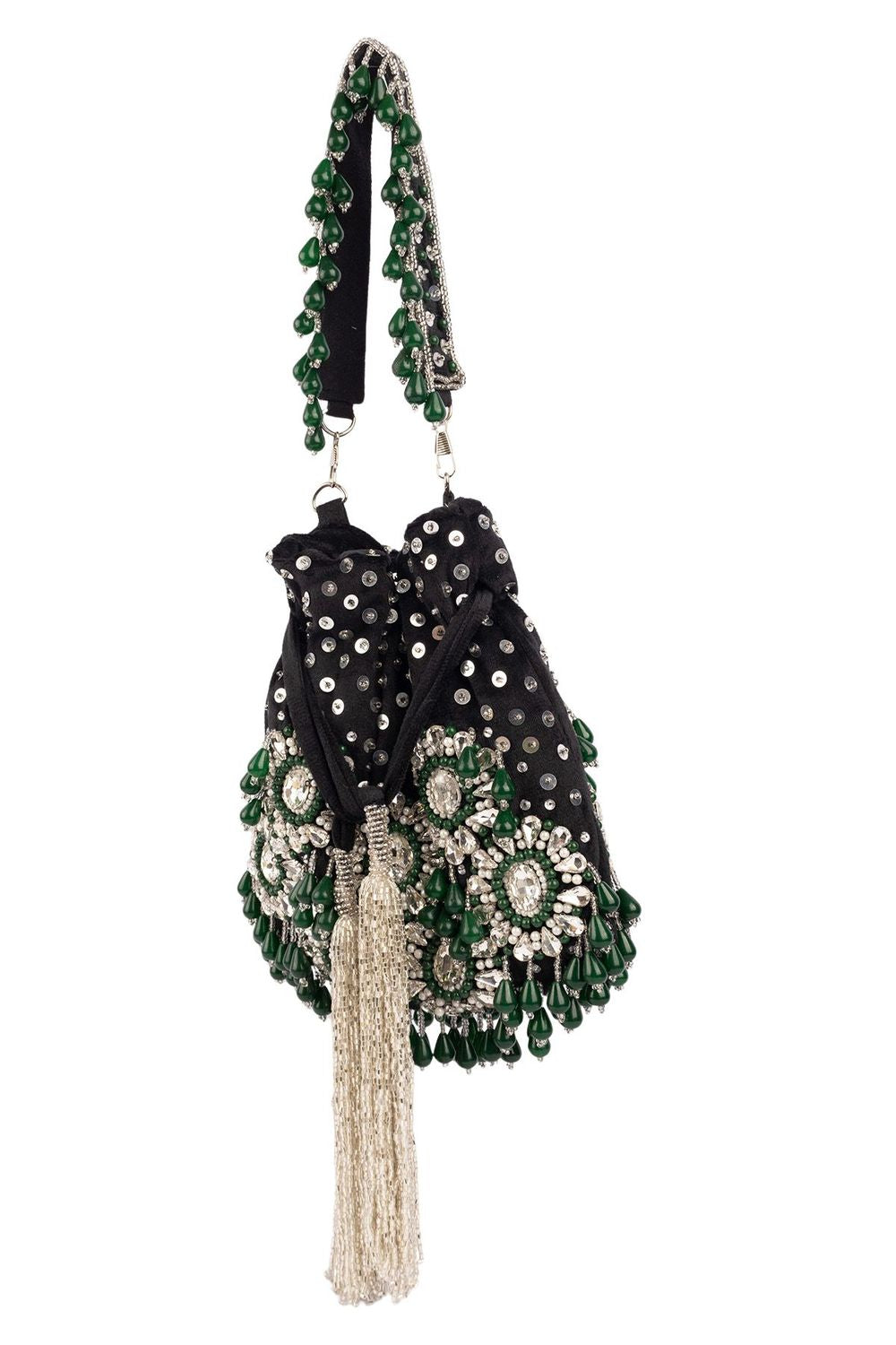Black handcrafted potli bag with sequin cutdana beadwork stones and drawstring closure for festive and wedding wear