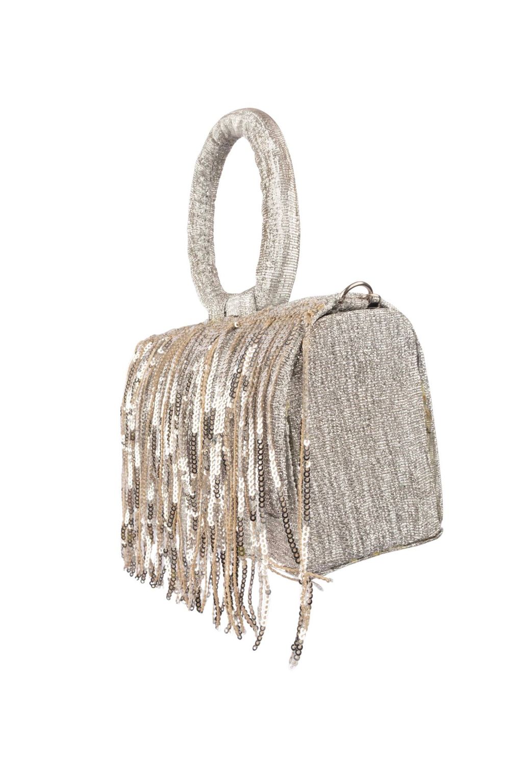 Silver sequin fringe clutch bag with ring handle detachable chain inner pocket and polyester lining for party and festive wear