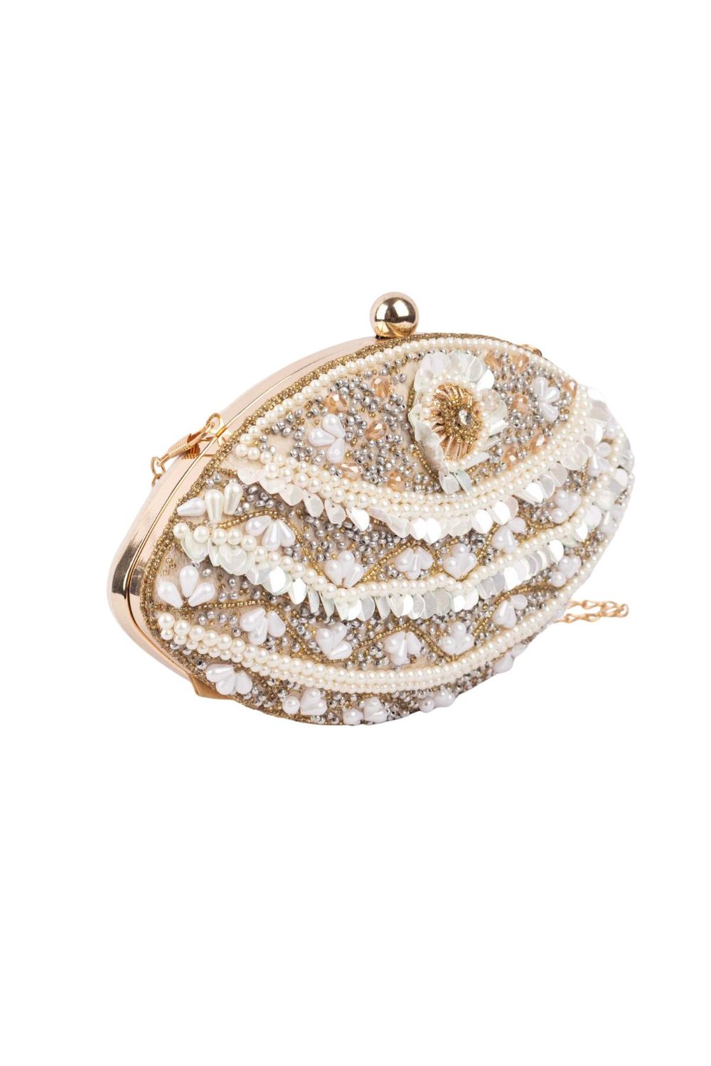 Ivory oval clutch bag with pearl crystal and cutdana embellishment raw silk lining and detachable chain for wedding and festive wear