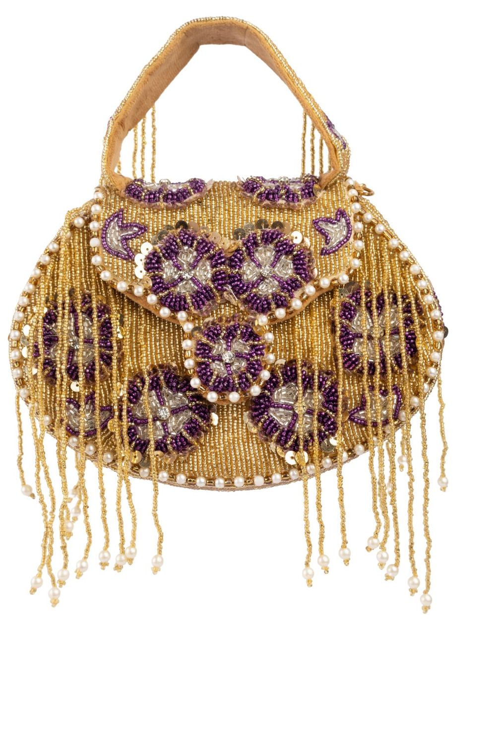 Gold hand-embellished clutch bag with cutdana pearl crystal and sequin work with chain strap for wedding and festive wear