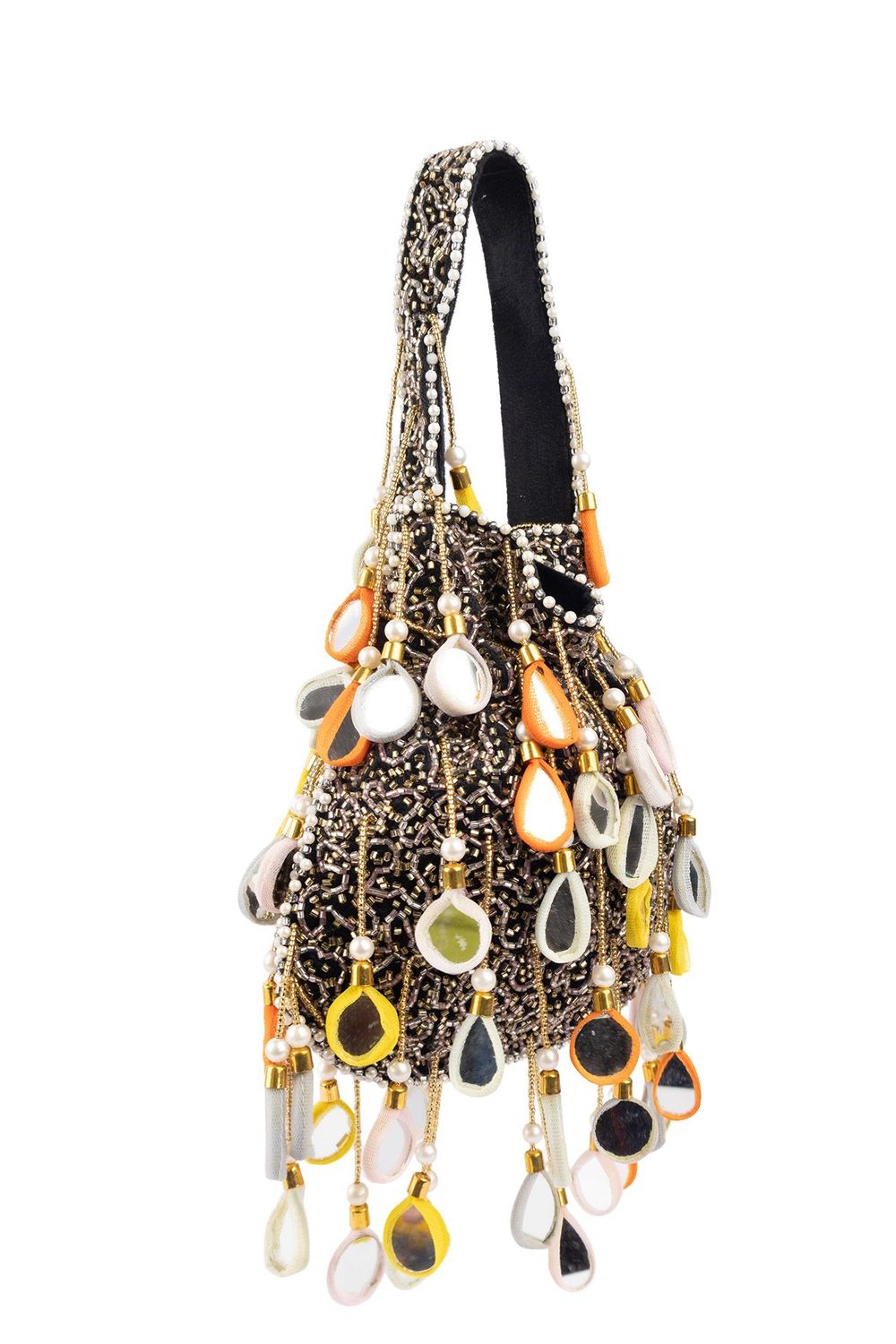 Black velvet potli bag with pearl mirror work cutdana bead embroidery and hanging embellishments festive wedding ethnic designer accessory
