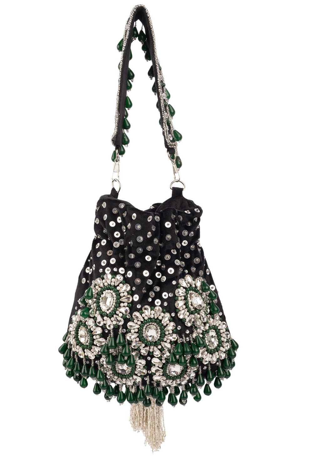 Black handcrafted potli bag with sequin cutdana beadwork stones and drawstring closure for festive and wedding wear