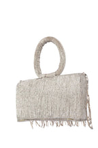 Silver sequin fringe clutch bag with ring handle detachable chain inner pocket and polyester lining for party and festive wear