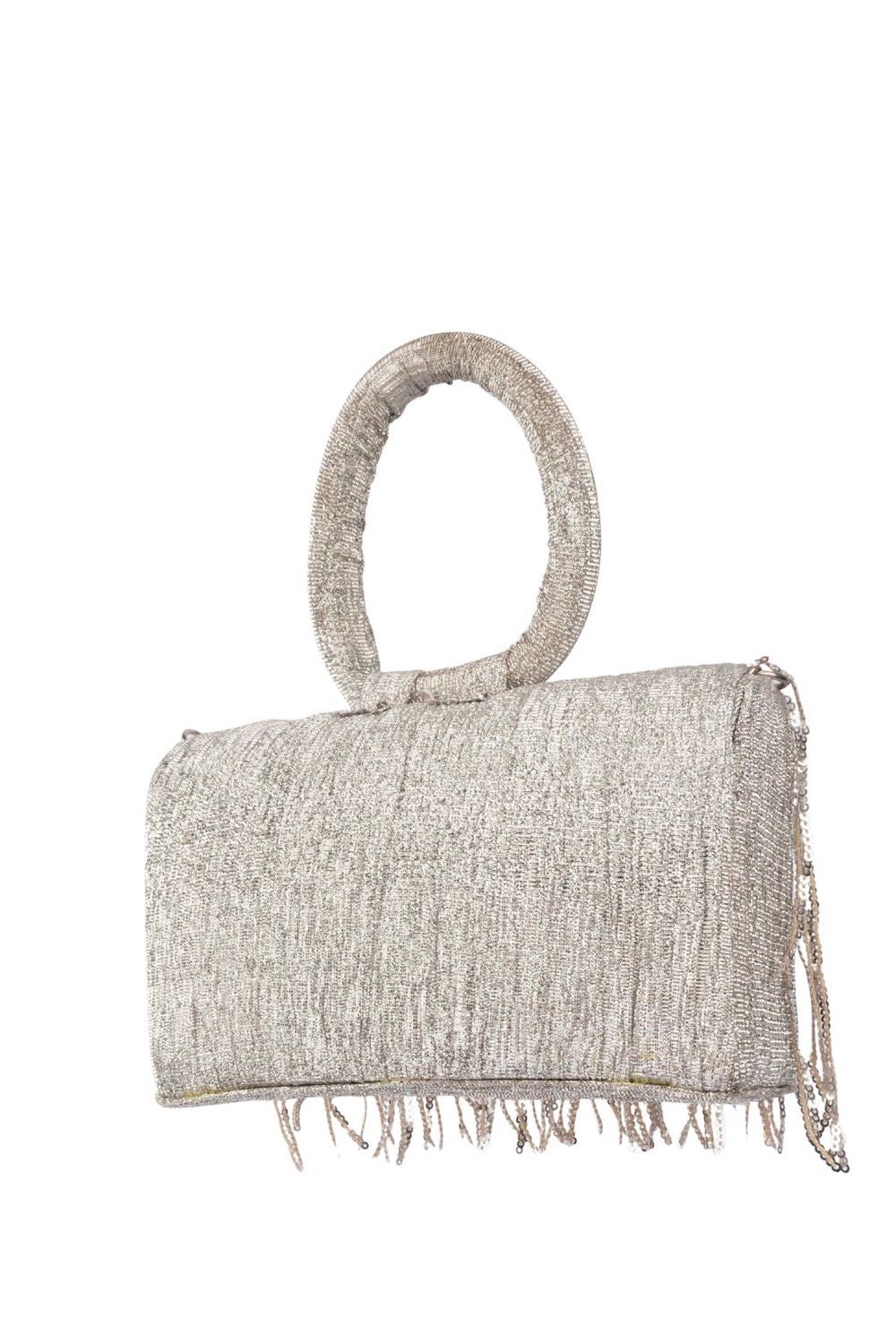 Silver sequin fringe clutch bag with ring handle detachable chain inner pocket and polyester lining for party and festive wear