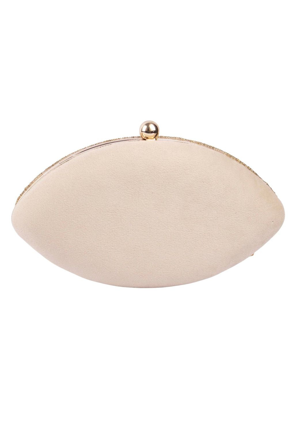 Ivory oval clutch bag with pearl crystal and cutdana embellishment raw silk lining and detachable chain for wedding and festive wear