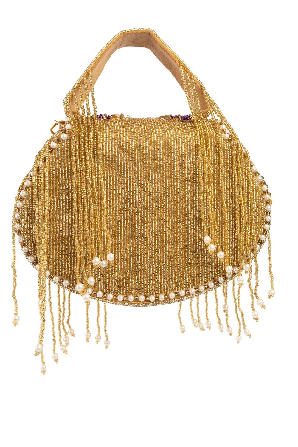 Gold hand-embellished clutch bag with cutdana pearl crystal and sequin work with chain strap for wedding and festive wear