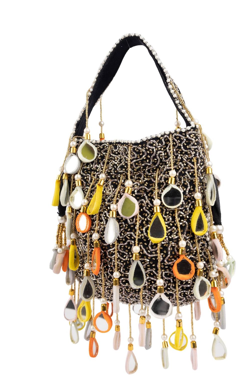 Black velvet potli bag with pearl mirror work cutdana bead embroidery and hanging embellishments festive wedding ethnic designer accessory