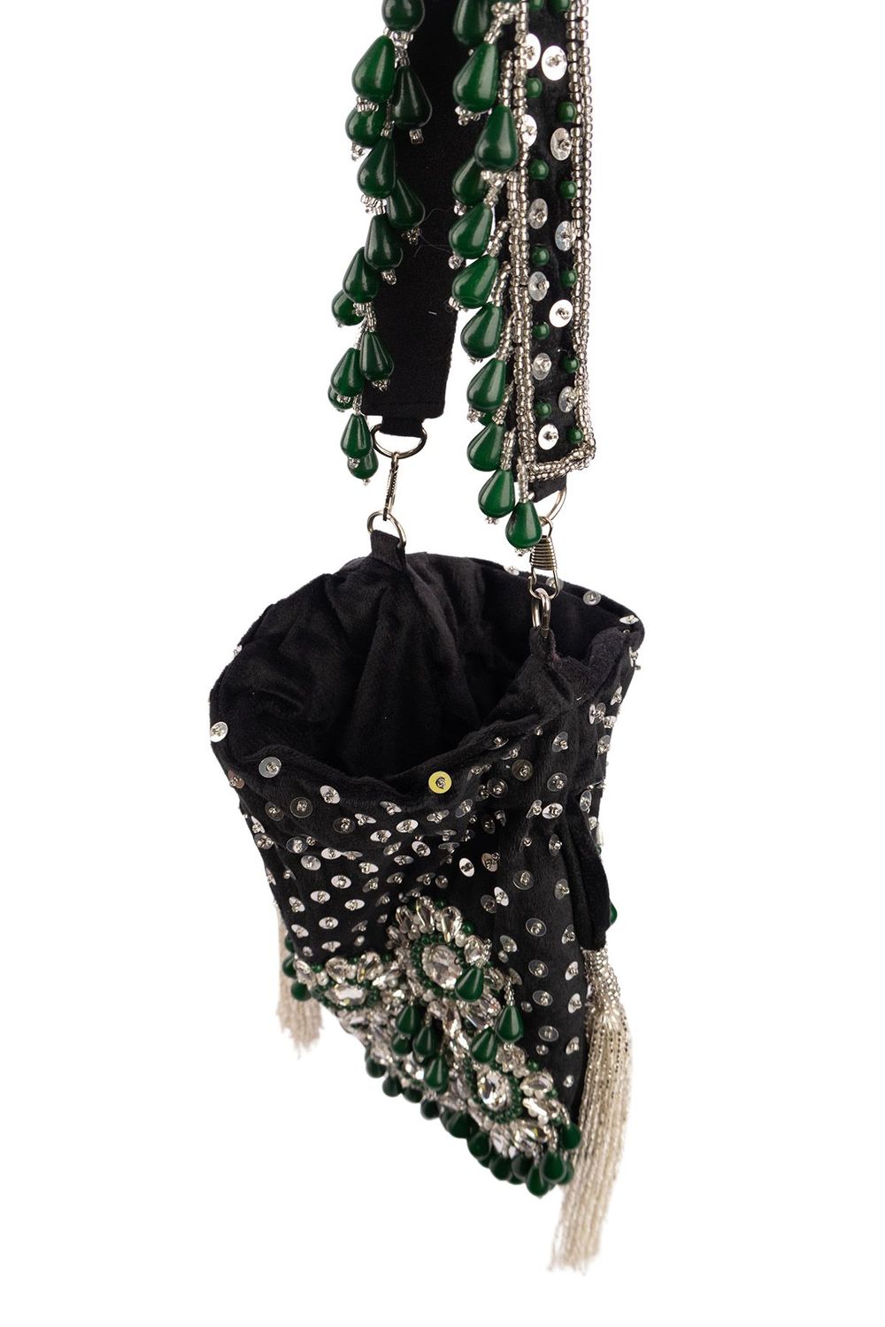 Black handcrafted potli bag with sequin cutdana beadwork stones and drawstring closure for festive and wedding wear