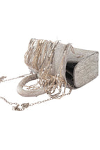 Silver sequin fringe clutch bag with ring handle detachable chain inner pocket and polyester lining for party and festive wear