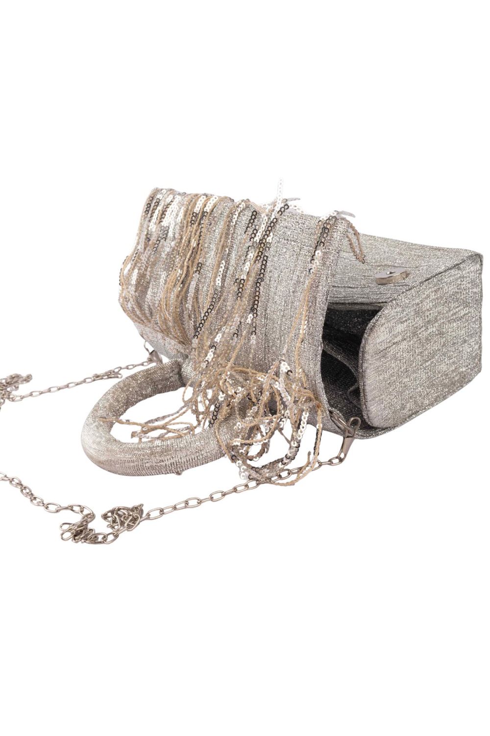 Silver sequin fringe clutch bag with ring handle detachable chain inner pocket and polyester lining for party and festive wear