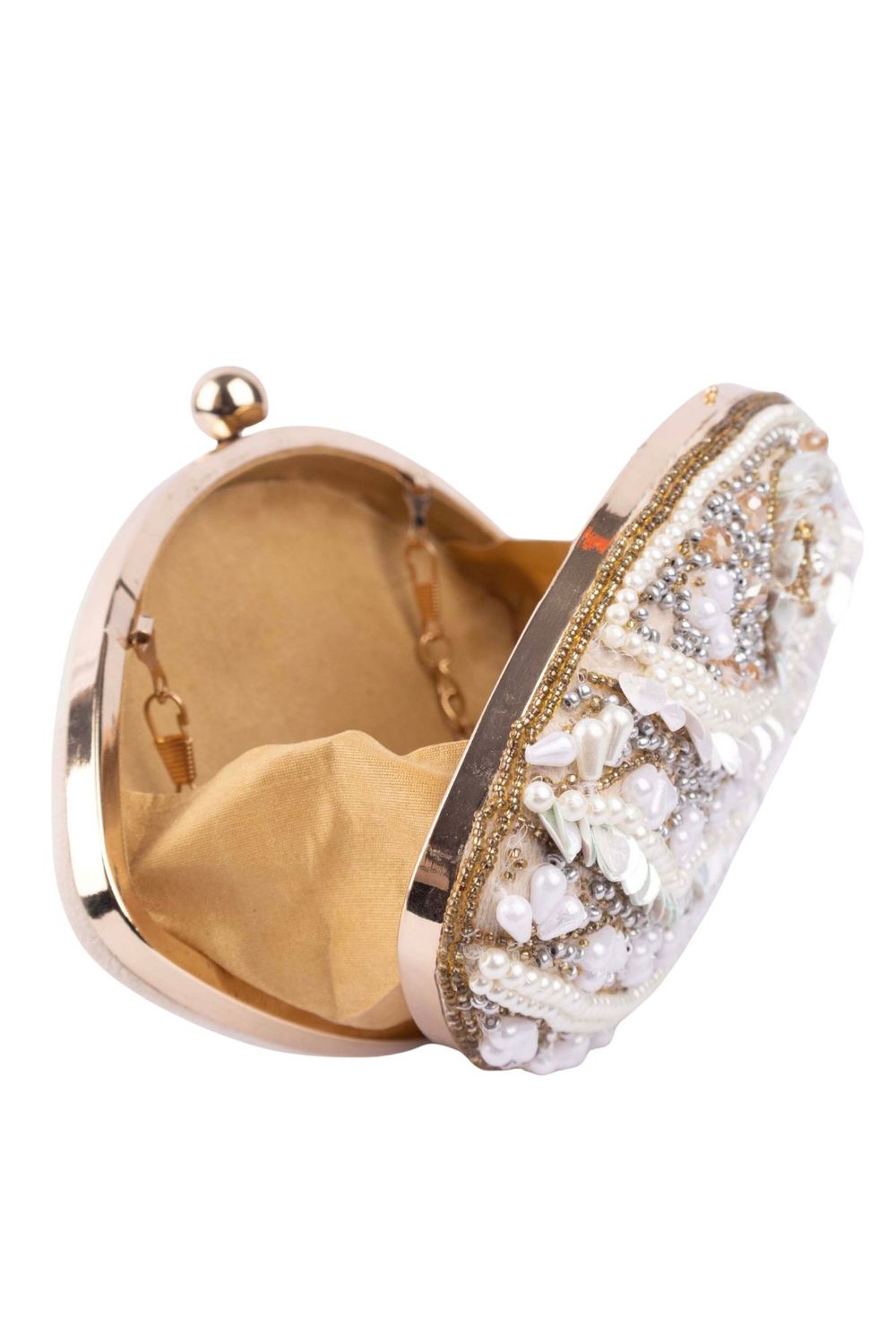 Ivory oval clutch bag with pearl crystal and cutdana embellishment raw silk lining and detachable chain for wedding and festive wear