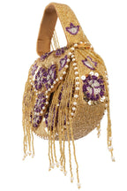 Gold hand-embellished clutch bag with cutdana pearl crystal and sequin work with chain strap for wedding and festive wear