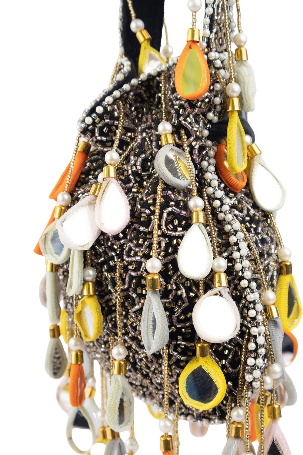 Black velvet potli bag with pearl mirror work cutdana bead embroidery and hanging embellishments festive wedding ethnic designer accessory