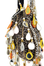Black velvet potli bag with pearl mirror work cutdana bead embroidery and hanging embellishments festive wedding ethnic designer accessory