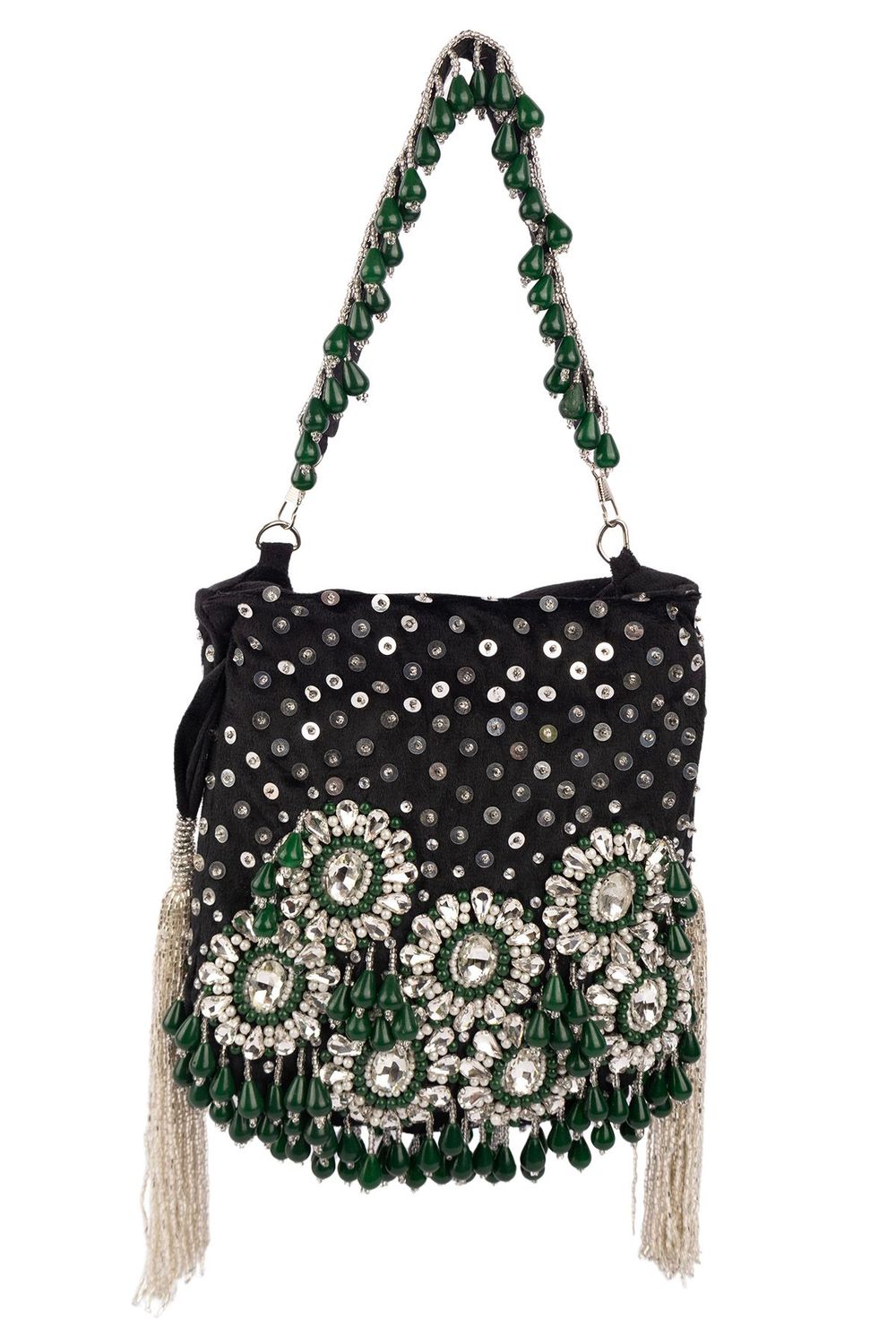 Black handcrafted potli bag with sequin cutdana beadwork stones and drawstring closure for festive and wedding wear