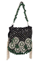Black handcrafted potli bag with sequin cutdana beadwork stones and drawstring closure for festive and wedding wear