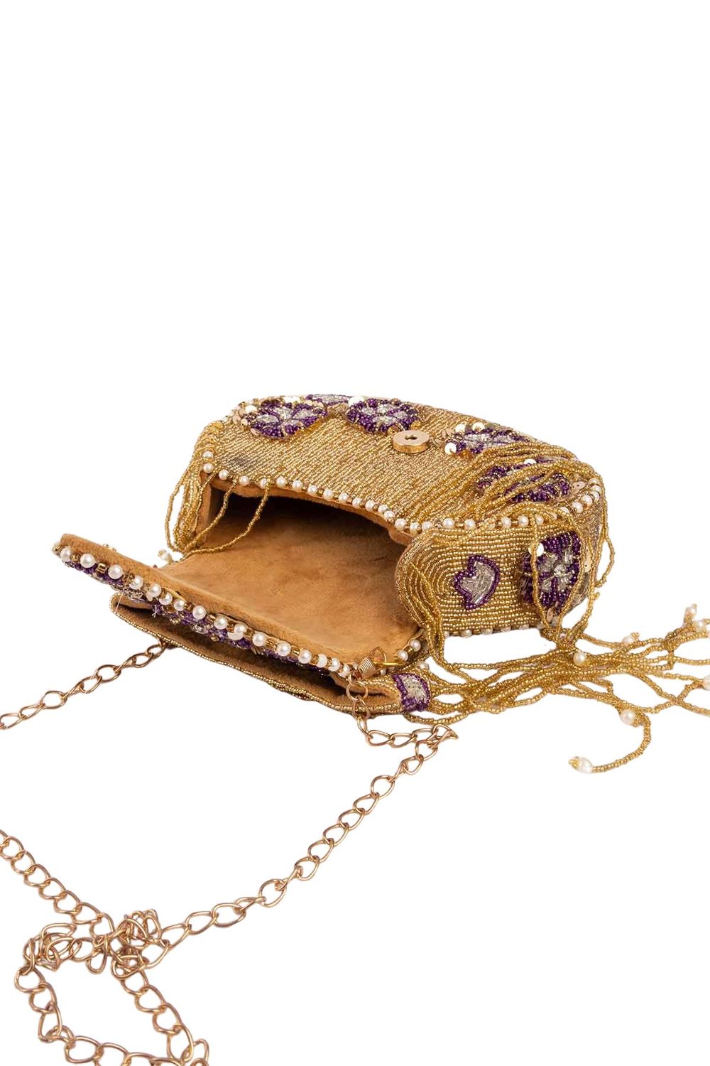 Gold hand-embellished clutch bag with cutdana pearl crystal and sequin work with chain strap for wedding and festive wear