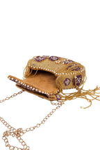 Gold hand-embellished clutch bag with cutdana pearl crystal and sequin work with chain strap for wedding and festive wear