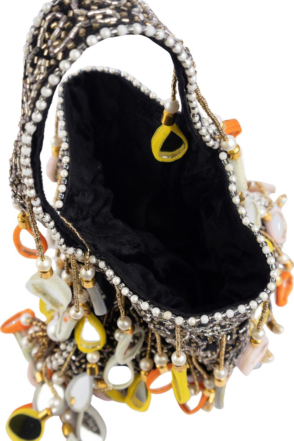Black velvet potli bag with pearl mirror work cutdana bead embroidery and hanging embellishments festive wedding ethnic designer accessory