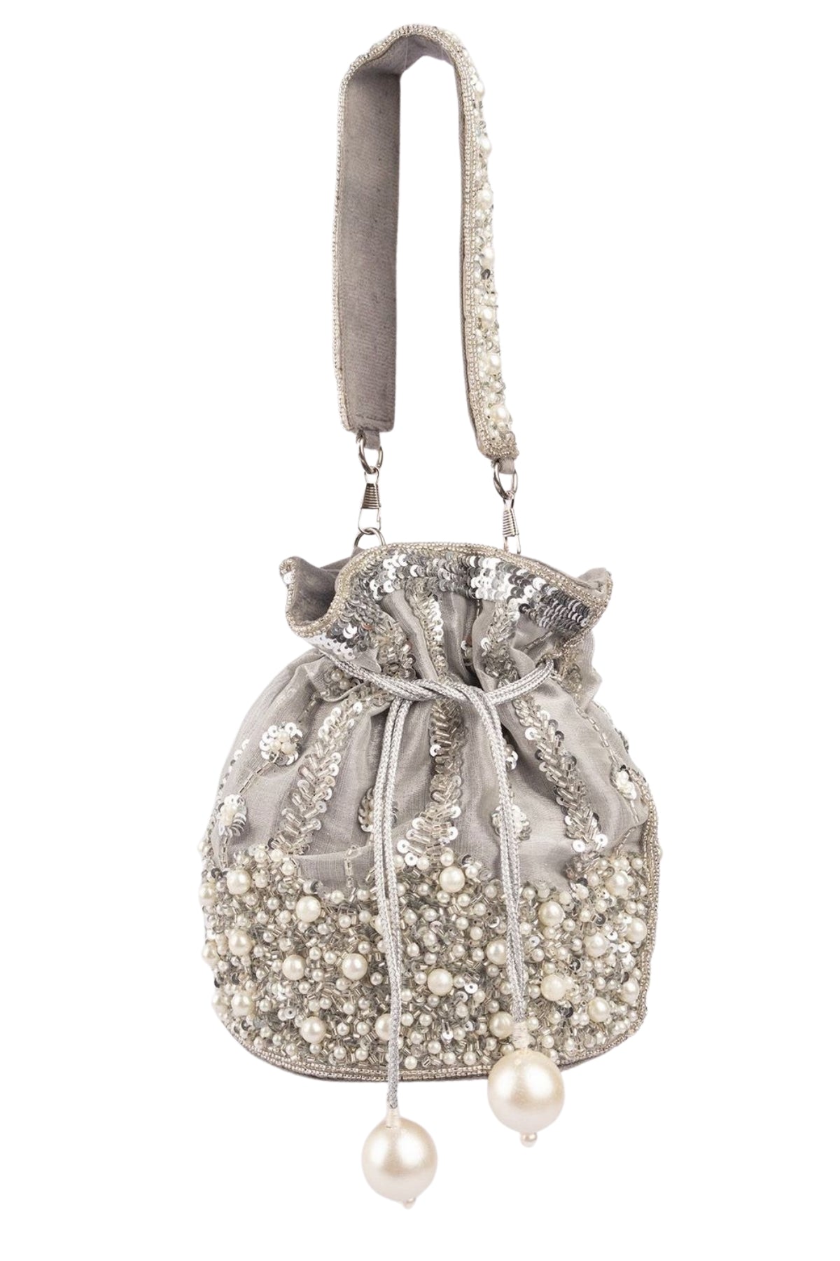 Silver potli bag with cutdana pearl and sequin embellishments on raw silk fabric with tassel for wedding and festive wear