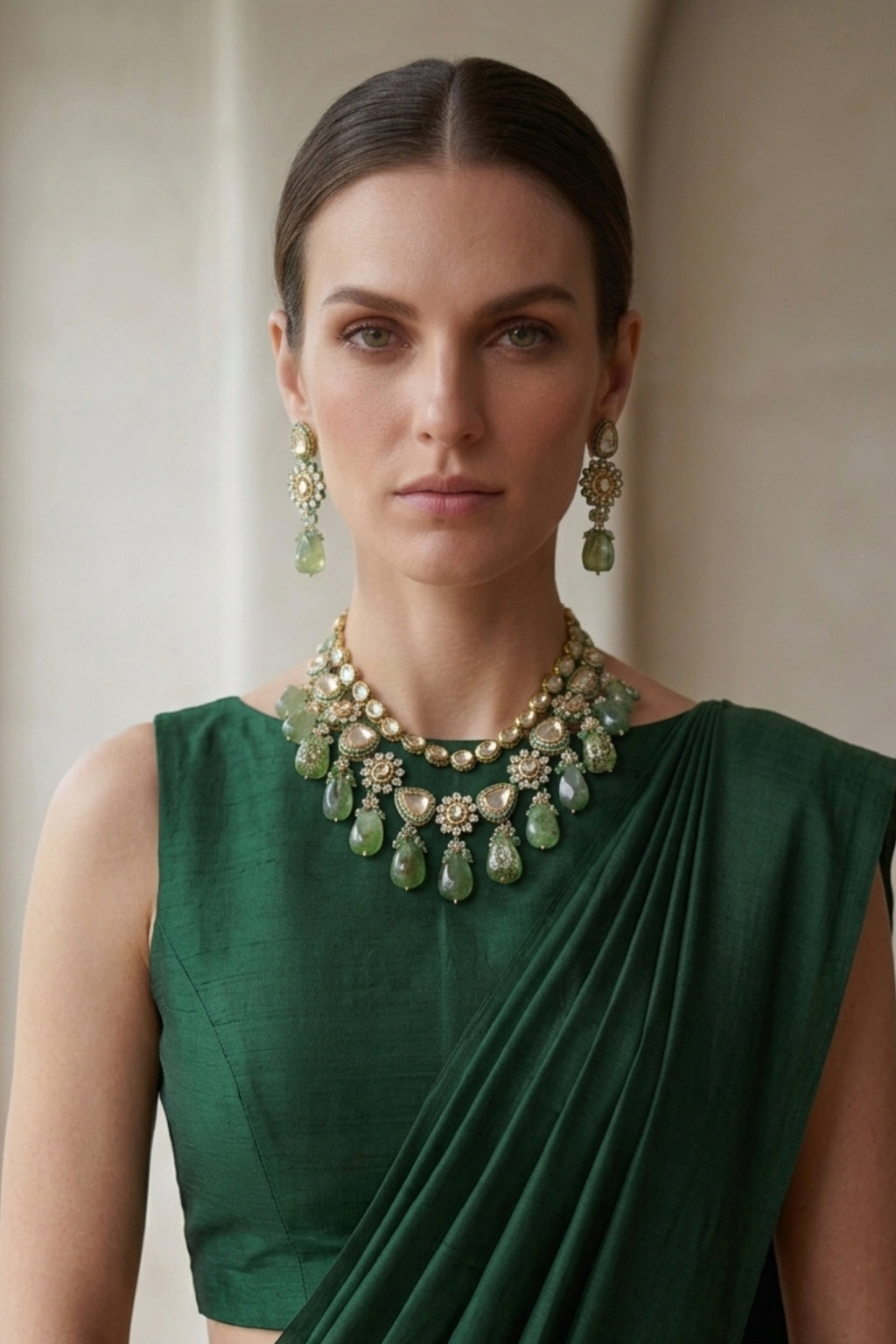 Green Kundan Choker Necklace Set with Beaded Drops & Earrings