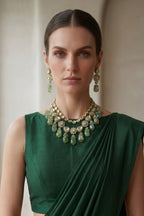 Green Kundan Choker Necklace Set with Beaded Drops & Earrings