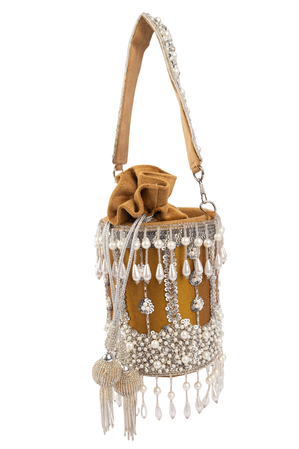 Mustard Raw Silk Cutdana & Pearl Embellished Potli Bag