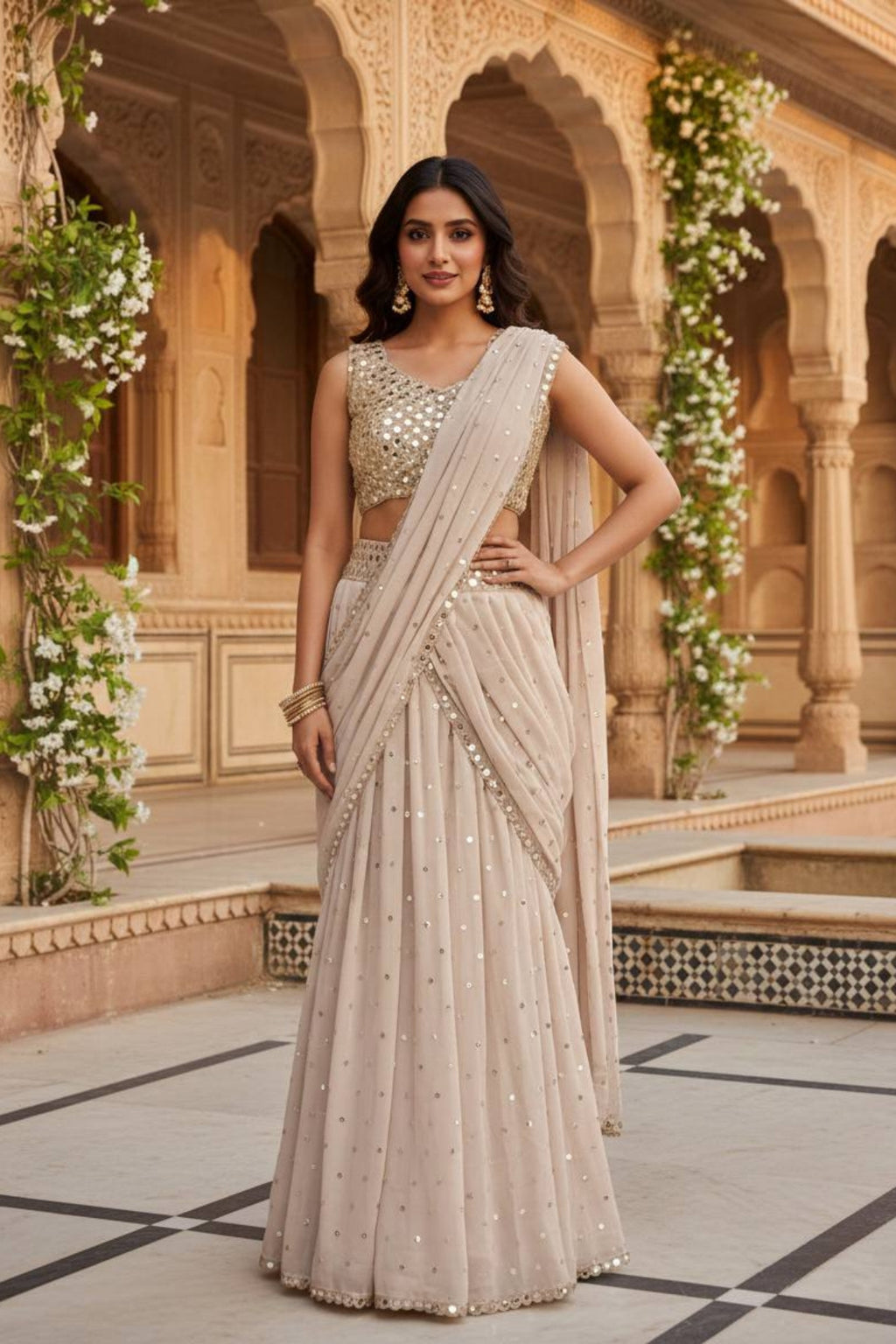 Elegant mirror work faux georgette ready-to-wear saree for wedding and party wear