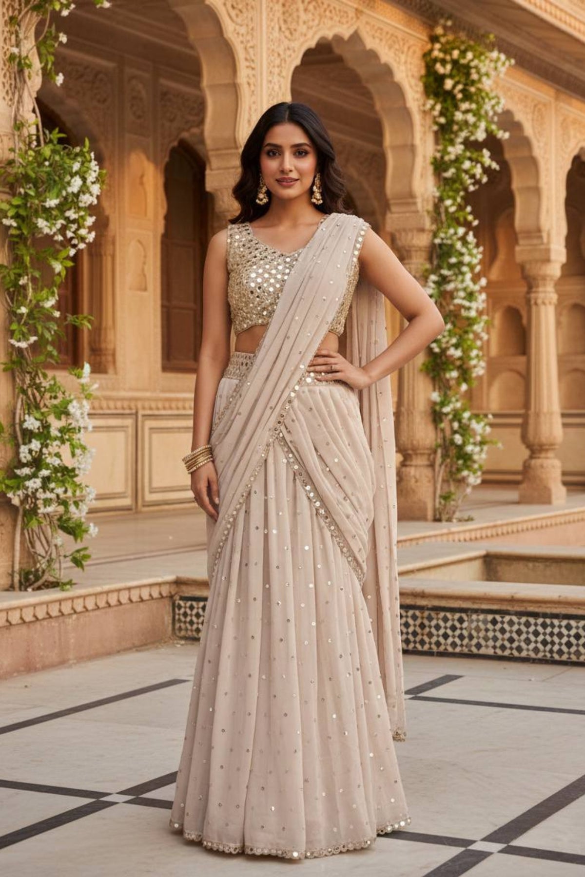Elegant mirror work faux georgette ready-to-wear saree for wedding and party wear
