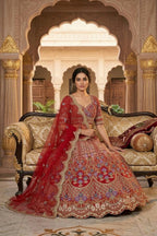 Flared mono satin silk lehenga with sequins cut work can-can layers unstitched blouse and butterfly net dupatta for wedding and festive wear