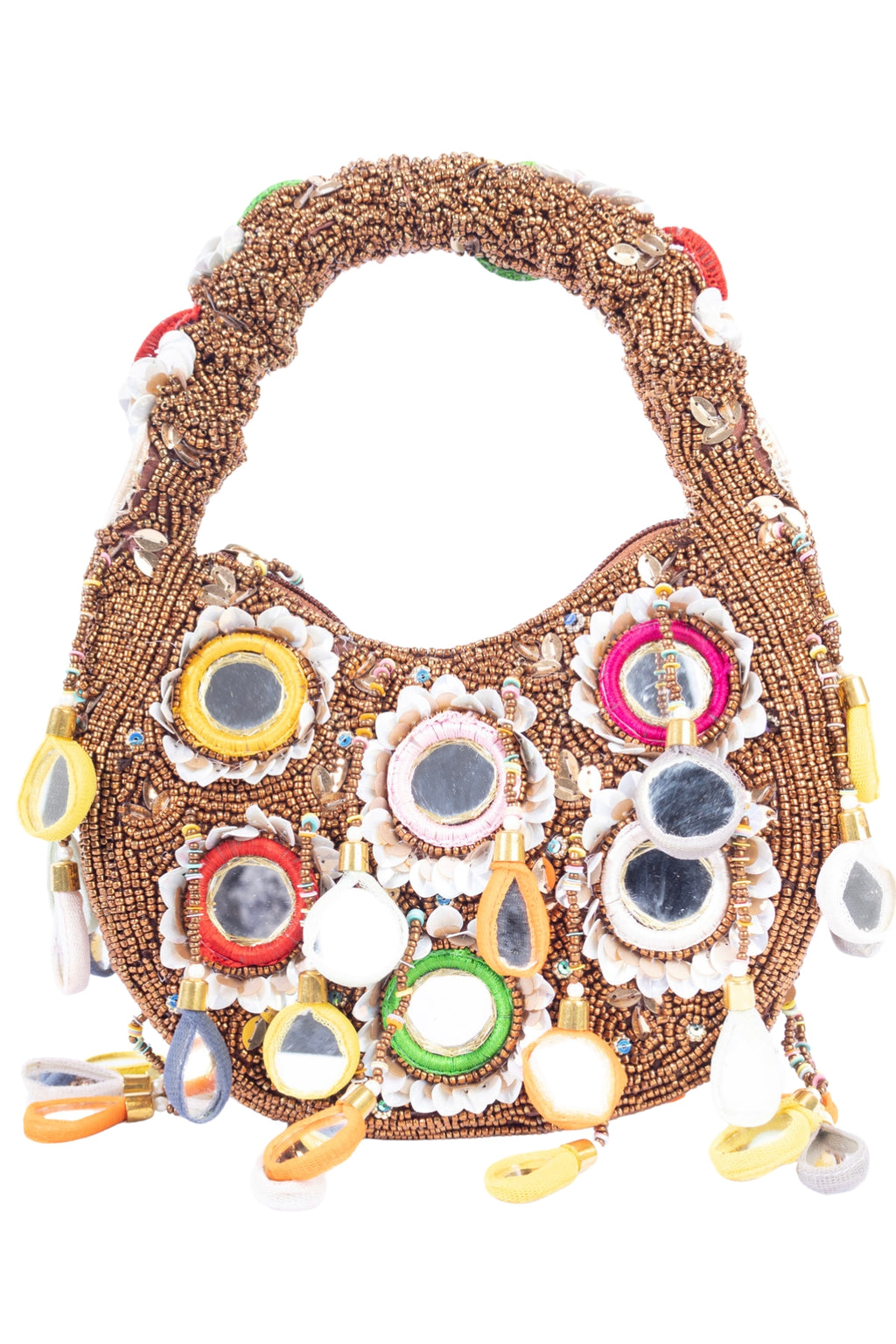 Eeth Brown Mirror Clutch Bag with Beads and Pearl Work