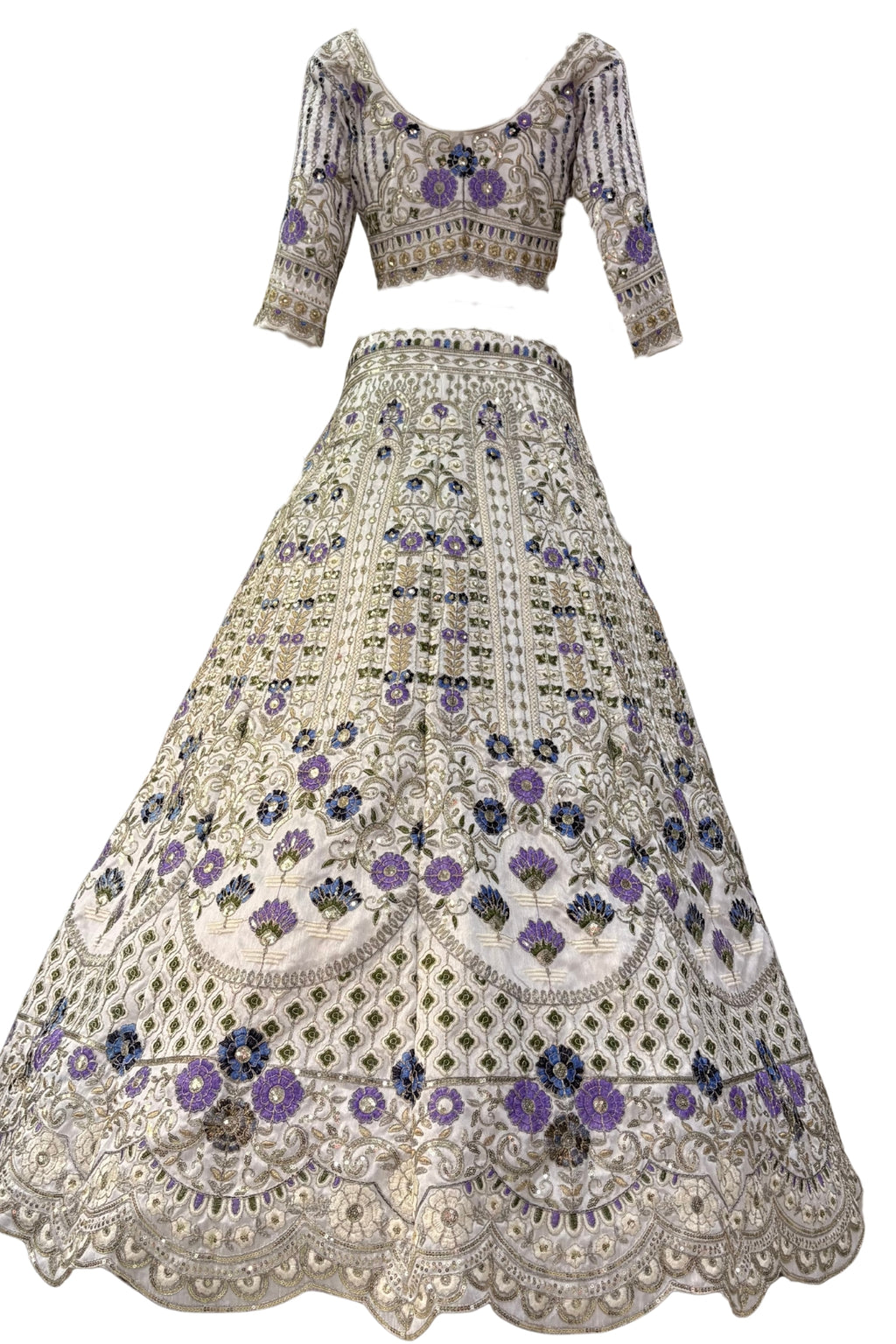 Mono satin silk flared lehenga with sequins cut work can-can layers unstitched blouse and butterfly net dupatta for wedding festive wear
