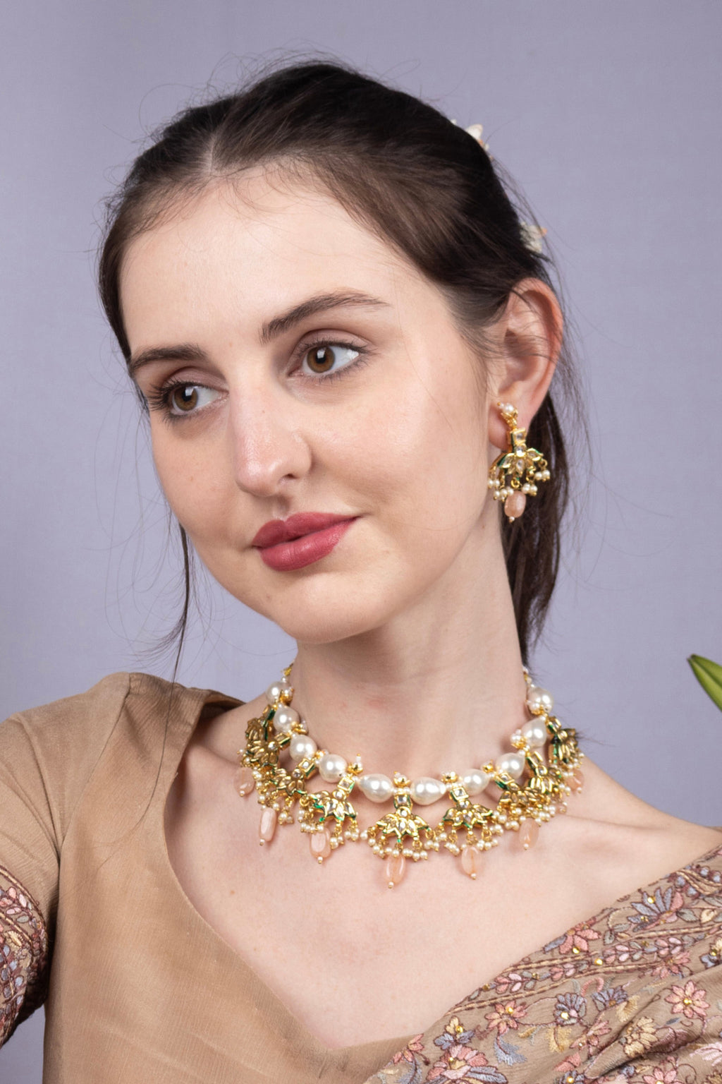 Pink Stone Pearl Kundan Gold-Plated Choker Necklace Set